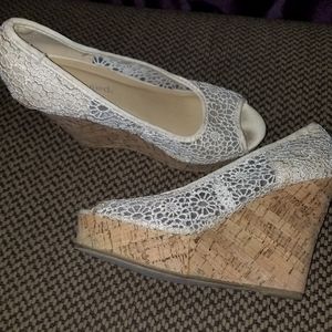 Beige white wedge heels